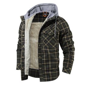 Men Warm Jacket Fleece Lining Lumberjack Plaid Hooded Jackets Snap Button (Color: Green, size: USA M)