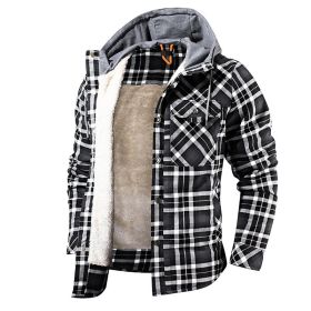 Men Warm Jacket Fleece Lining Lumberjack Plaid Hooded Jackets Snap Button (Color: Black, size: USA S)