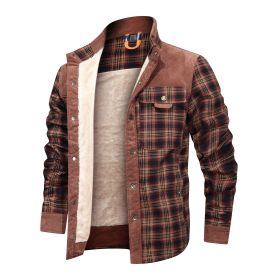 Thickened Shirt Jacket With Classic Plaid Fuzzy Fleece Lining Inside Design (Color: Dark Brown, size: 2XL)