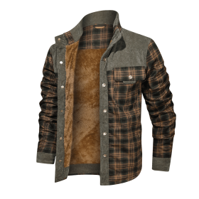 Thickened Shirt Jacket With Classic Plaid Fuzzy Fleece Lining Inside Design (Color: Light Army Green, size: M)